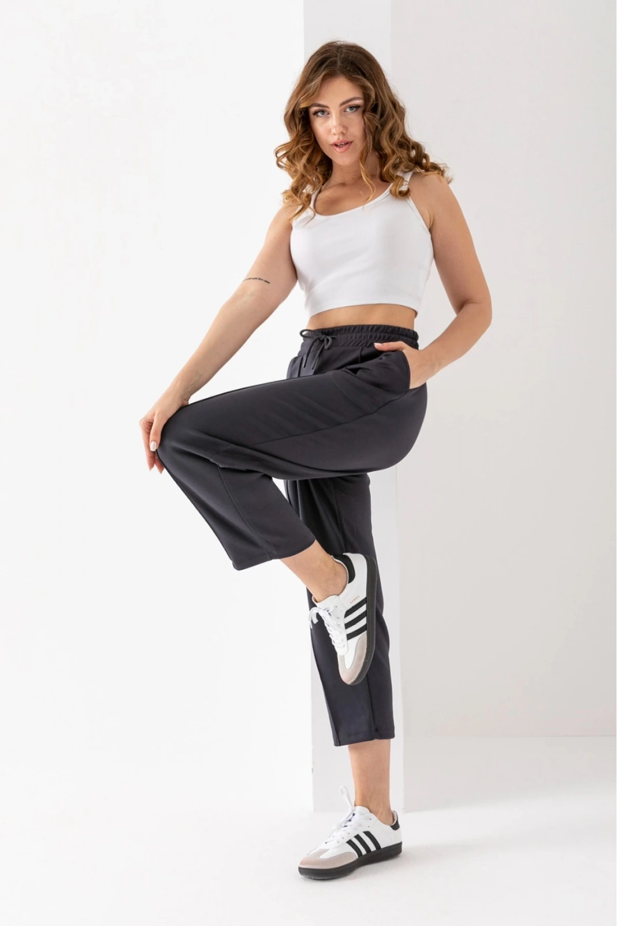 Kadın Füme Beli Lastikli Modal Kumaş Çımalı Bilek Pantolon Yumuşak Dokulu Şık Bağcıklı Pantolon