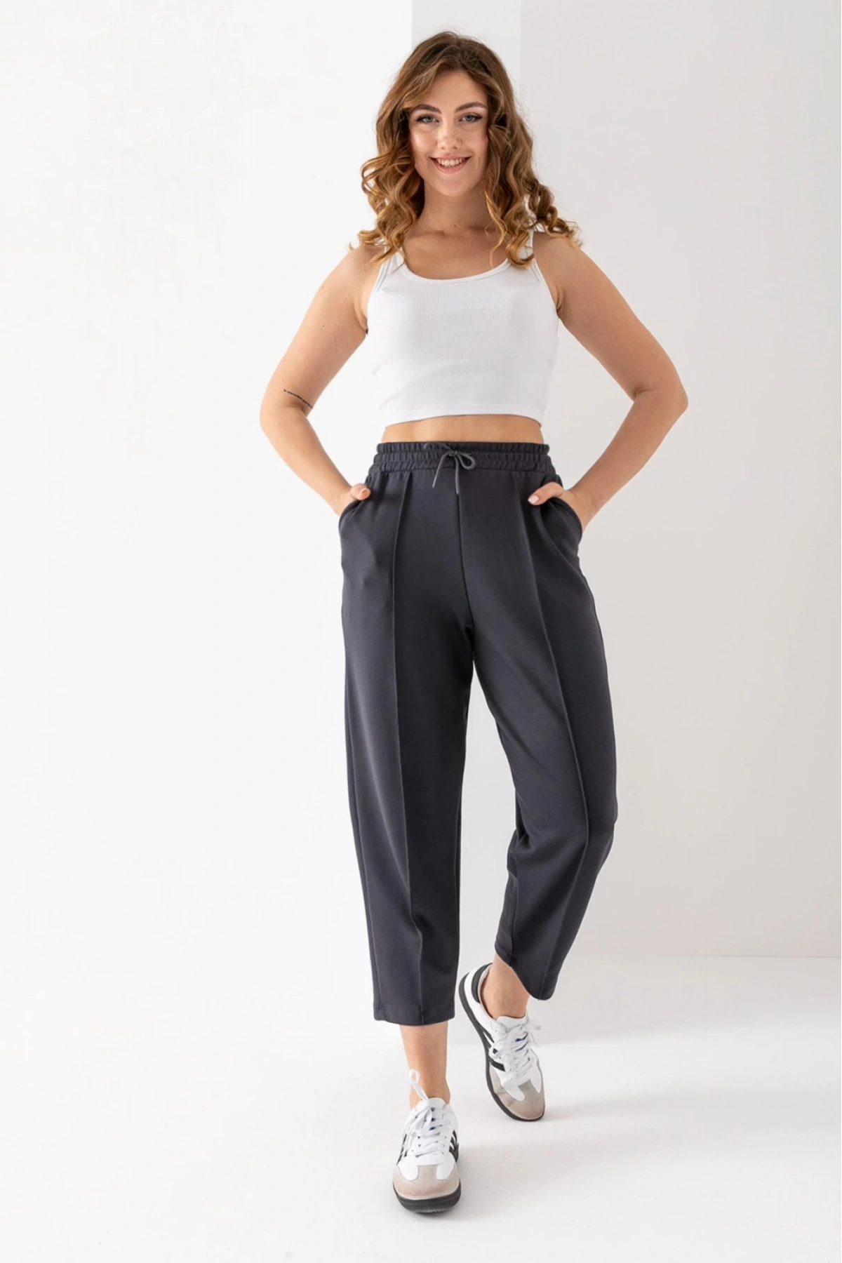 Kadın Füme Beli Lastikli Modal Kumaş Çımalı Bilek Pantolon Yumuşak Dokulu Şık Bağcıklı Pantolon