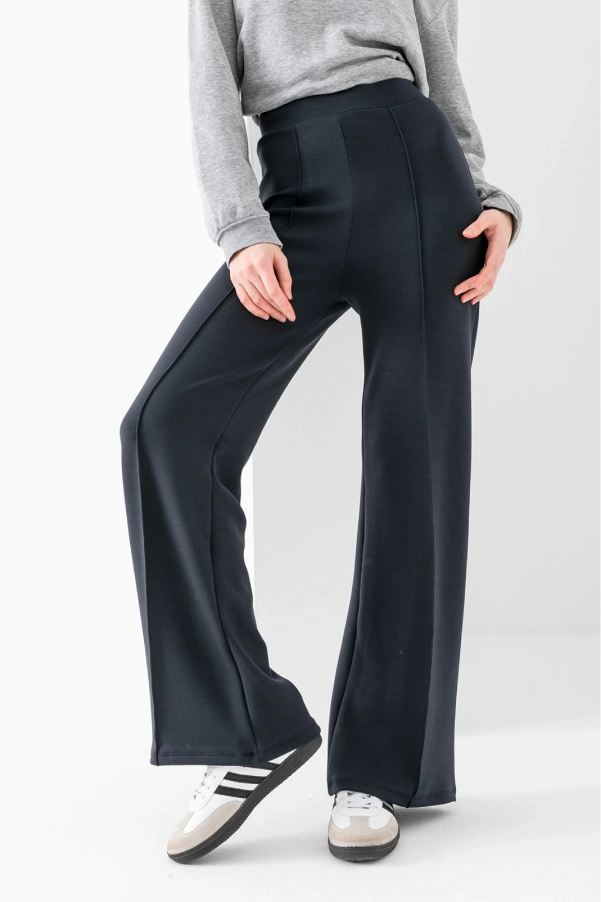 Kadın Füme Modal Bol Paça Çımalı Yüksek Bel Yumuşak Dokulu Beli Lastikli Likralı Pantolon