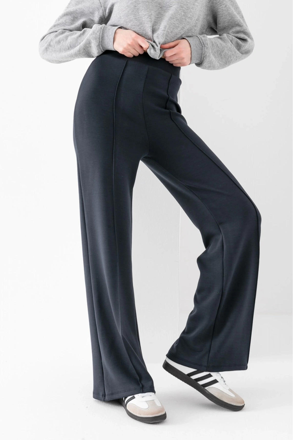 Kadın Füme Modal Bol Paça Çımalı Yüksek Bel Yumuşak Dokulu Beli Lastikli Likralı Pantolon