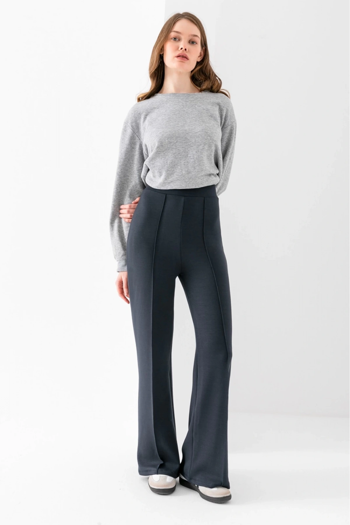 Kadın Füme Modal Bol Paça Çımalı Yüksek Bel Yumuşak Dokulu Beli Lastikli Likralı Pantolon