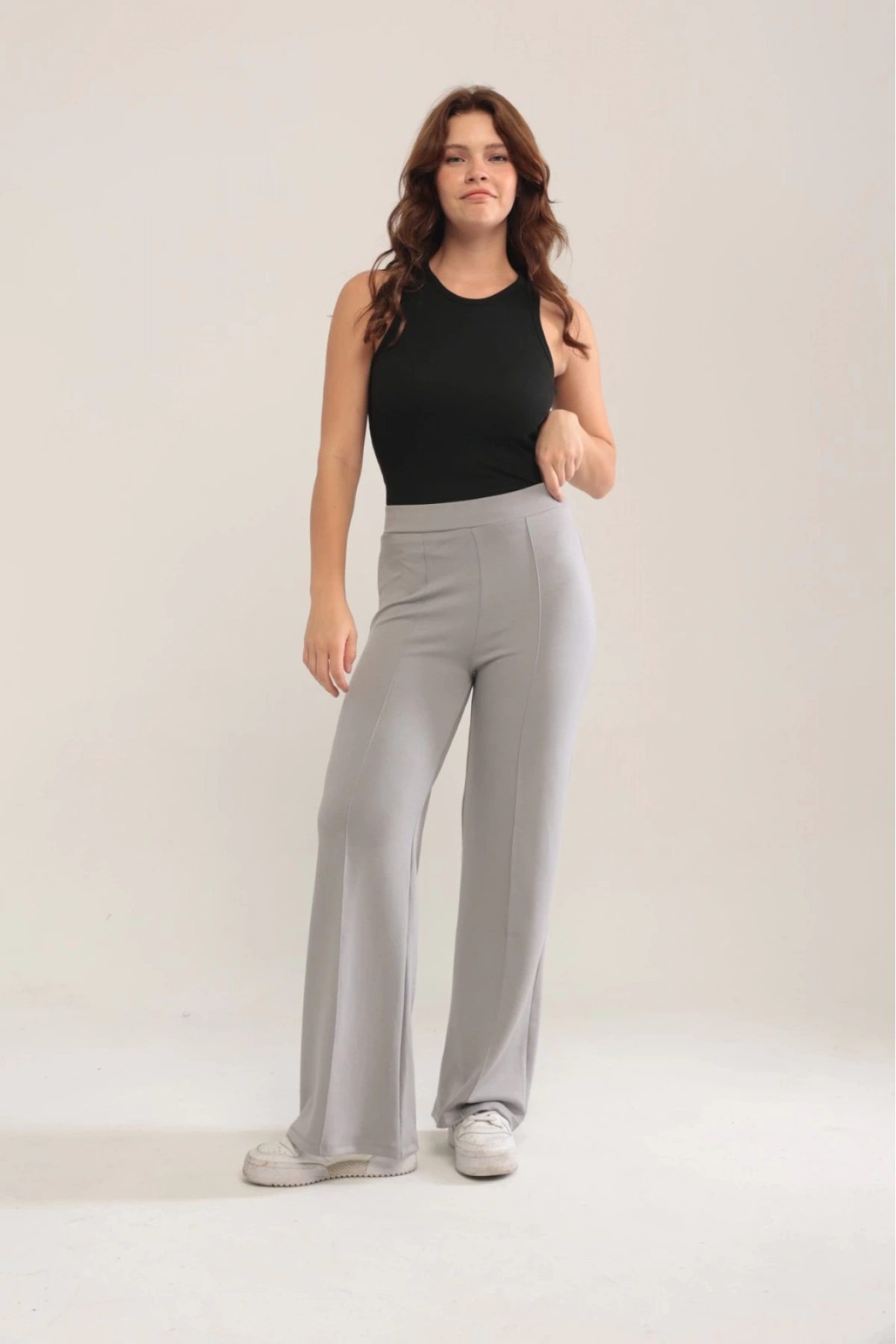 Kadın Gri Modal Bol Paça Çımalı Yüksek Bel Yumuşak Dokulu Beli Lastikli Likralı Pantolon