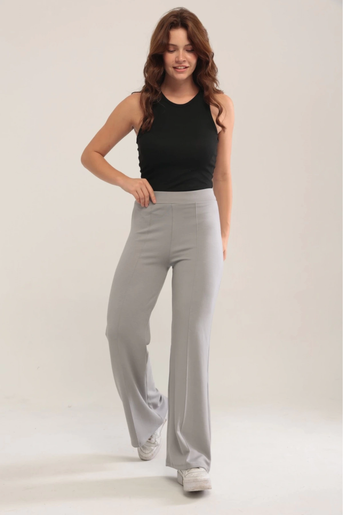 Kadın Gri Modal Bol Paça Çımalı Yüksek Bel Yumuşak Dokulu Beli Lastikli Likralı Pantolon