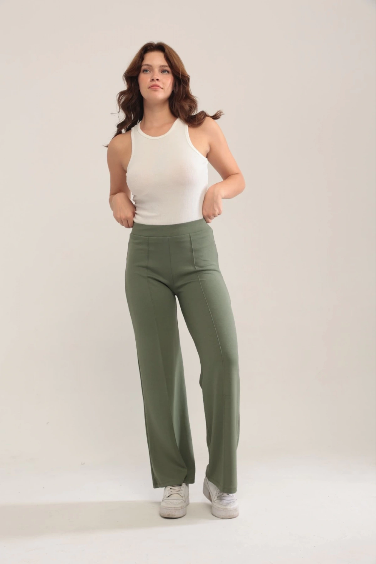 Kadın Haki Modal Bol Paça Çımalı Yüksek Bel Yumuşak Dokulu Beli Lastikli Likralı Pantolon