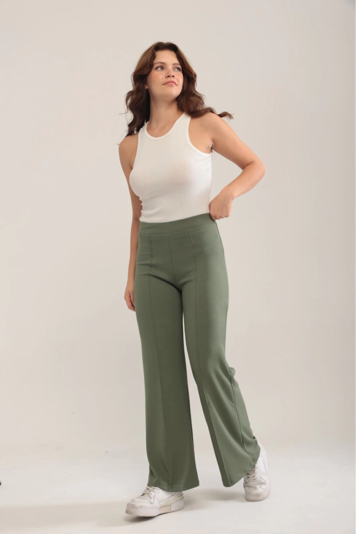Kadın Haki Modal Bol Paça Çımalı Yüksek Bel Yumuşak Dokulu Beli Lastikli Likralı Pantolon