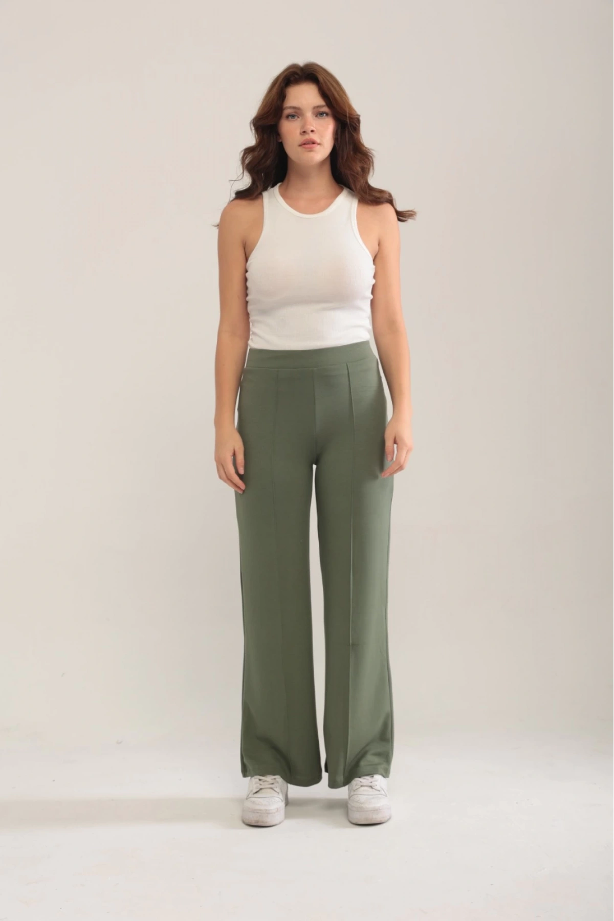 Kadın Haki Modal Bol Paça Çımalı Yüksek Bel Yumuşak Dokulu Beli Lastikli Likralı Pantolon