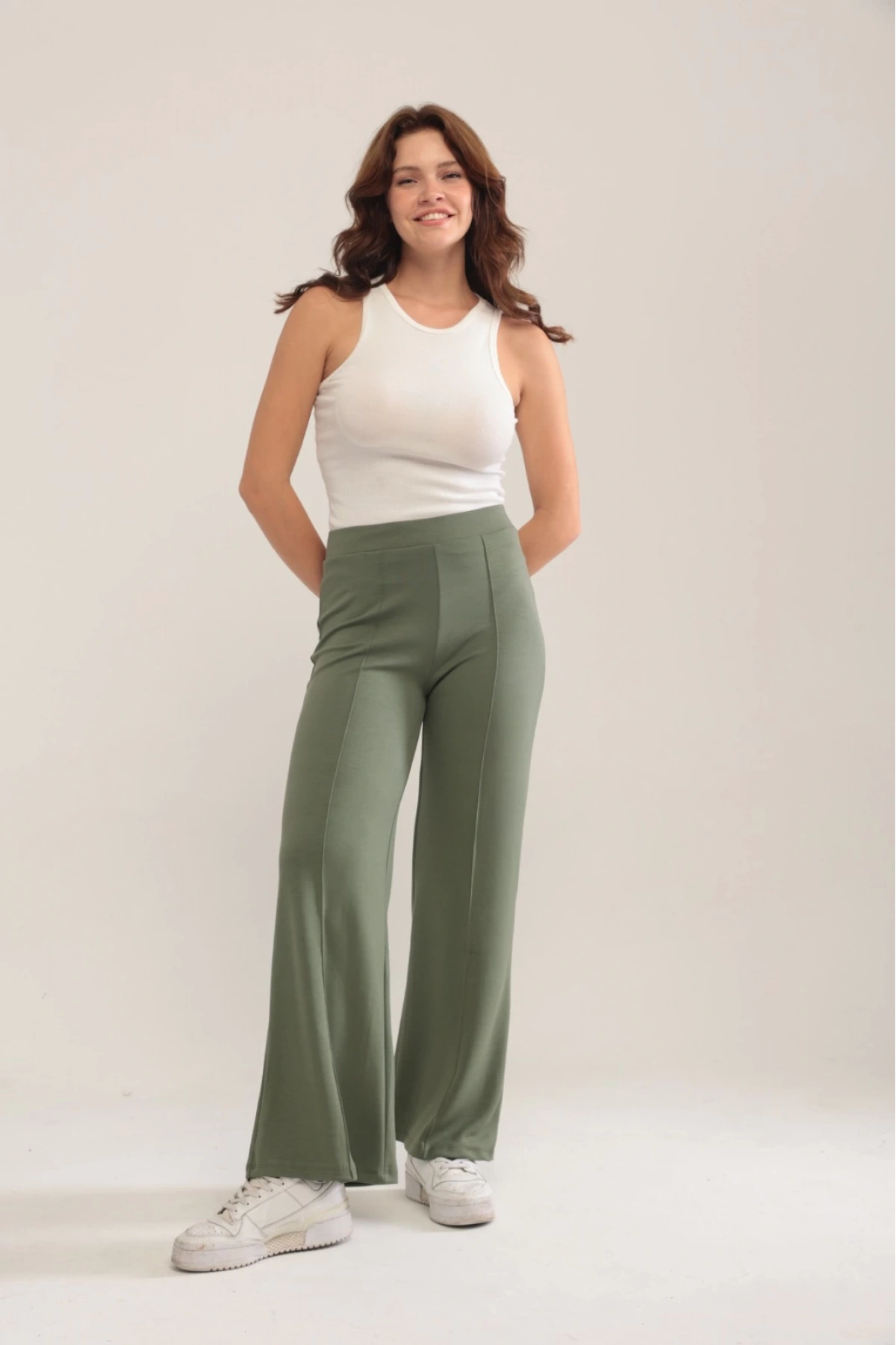 Kadın Haki Modal Bol Paça Çımalı Yüksek Bel Yumuşak Dokulu Beli Lastikli Likralı Pantolon