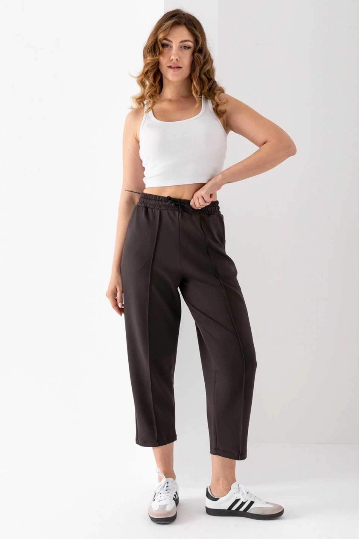 Kadın Kahverengi Beli Lastikli Modal Kumaş Çımalı Bilek Pantolon Yumuşak Dokulu Şık Bağcıklı Pantolon