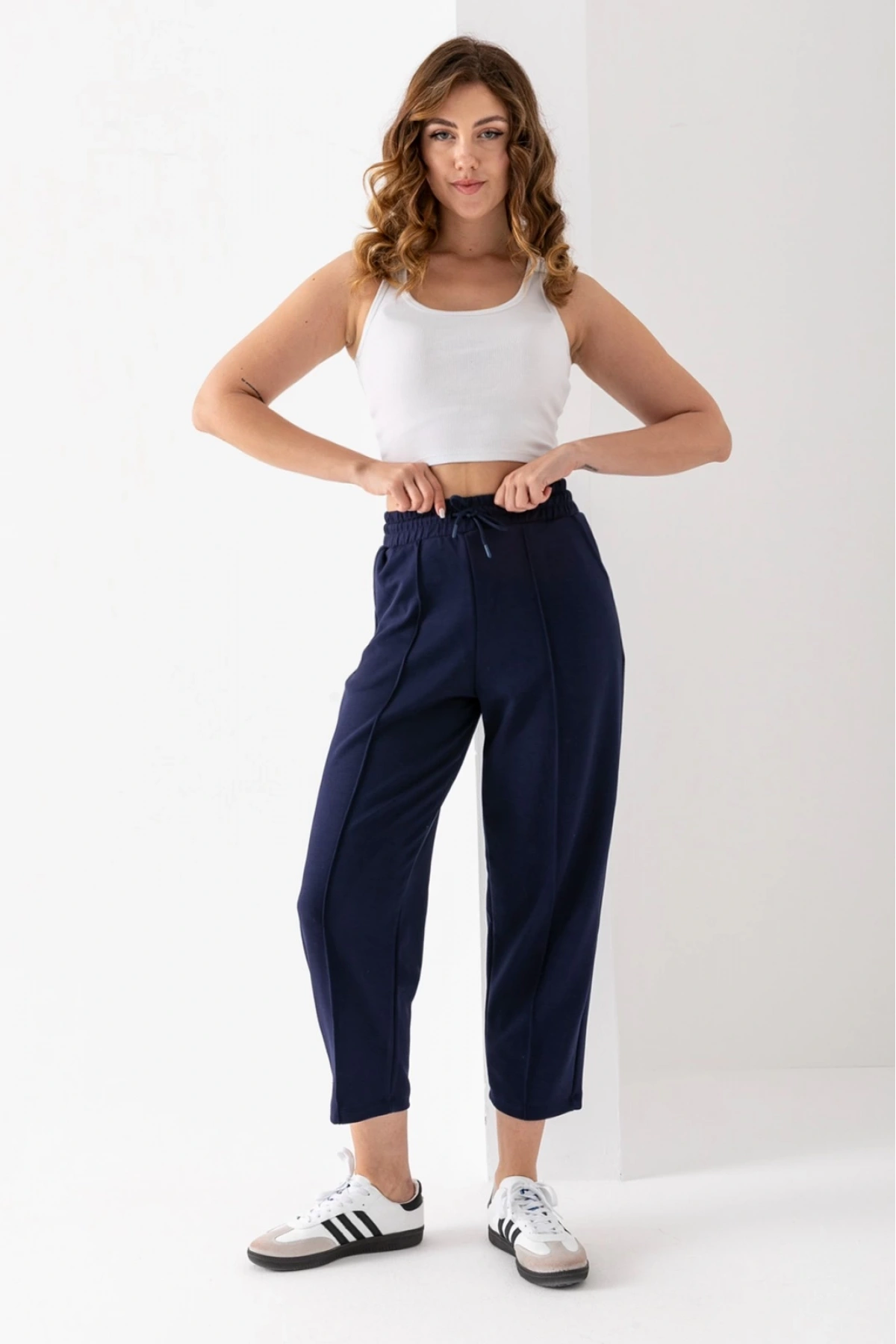 Kadın Lacivert Beli Lastikli Modal Kumaş Çımalı Bilek Pantolon Yumuşak Dokulu Şık Bağcıklı Pantolon