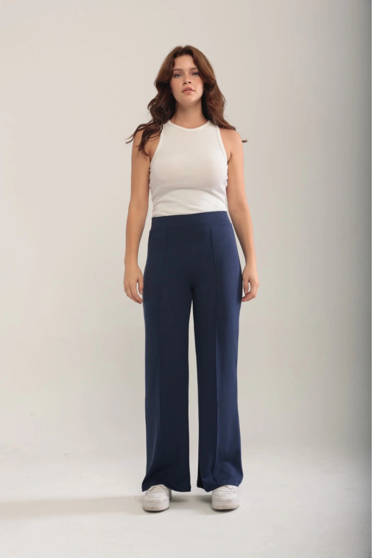Kadın Lacivert Modal Bol Paça Çımalı Yüksek Bel Yumuşak Dokulu Beli Lastikli Likralı Pantolon