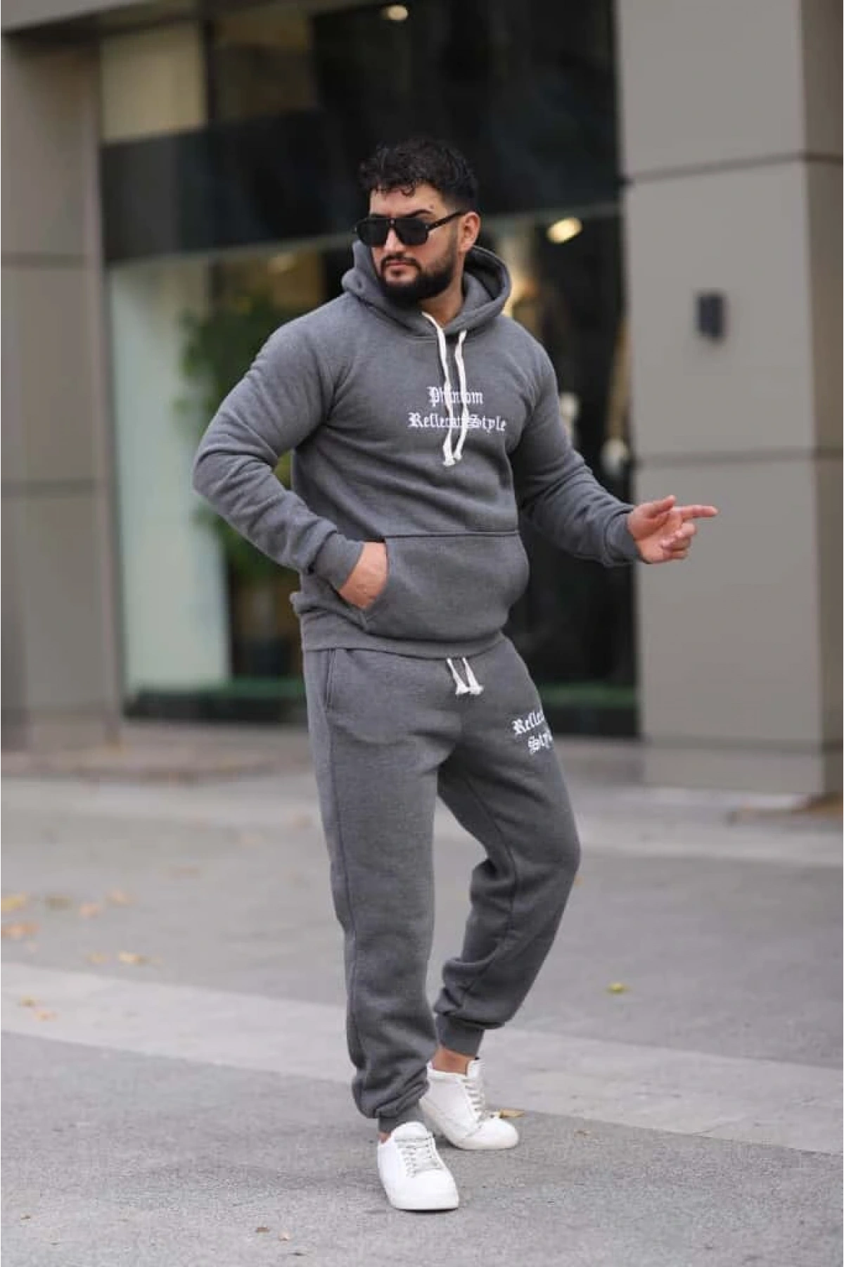Koyu Gri Melanj Polarlı Erkek Eşofman Takımı Paça Lastikli Cepli Kapüşonlu Nakış Detaylı Compact Takım