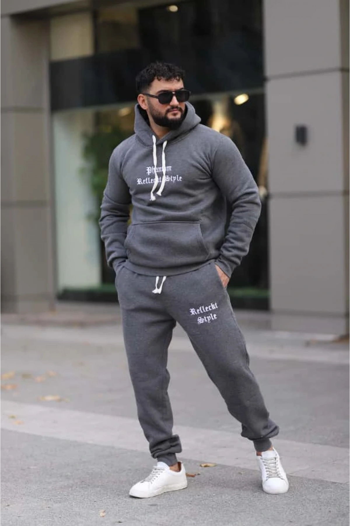 Koyu Gri Melanj Polarlı Erkek Eşofman Takımı Paça Lastikli Cepli Kapüşonlu Nakış Detaylı Compact Takım