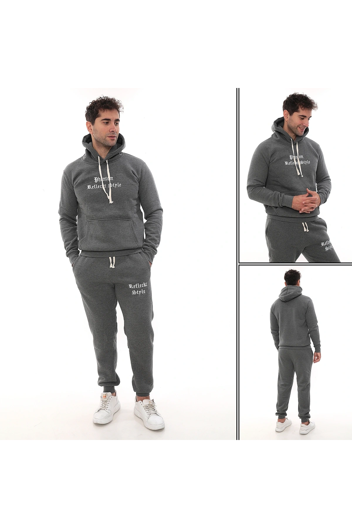 Koyu Gri Melanj Polarlı Erkek Eşofman Takımı Paça Lastikli Cepli Kapüşonlu Nakış Detaylı Compact Takım