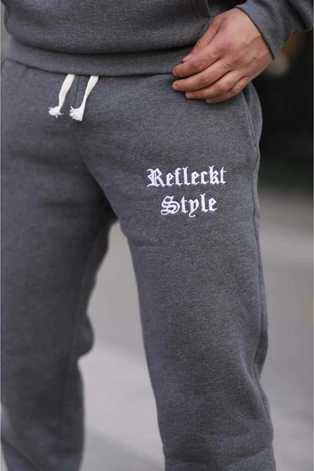 Koyu Gri Melanj Polarlı Erkek Eşofman Takımı Paça Lastikli Cepli Kapüşonlu Nakış Detaylı Compact Takım