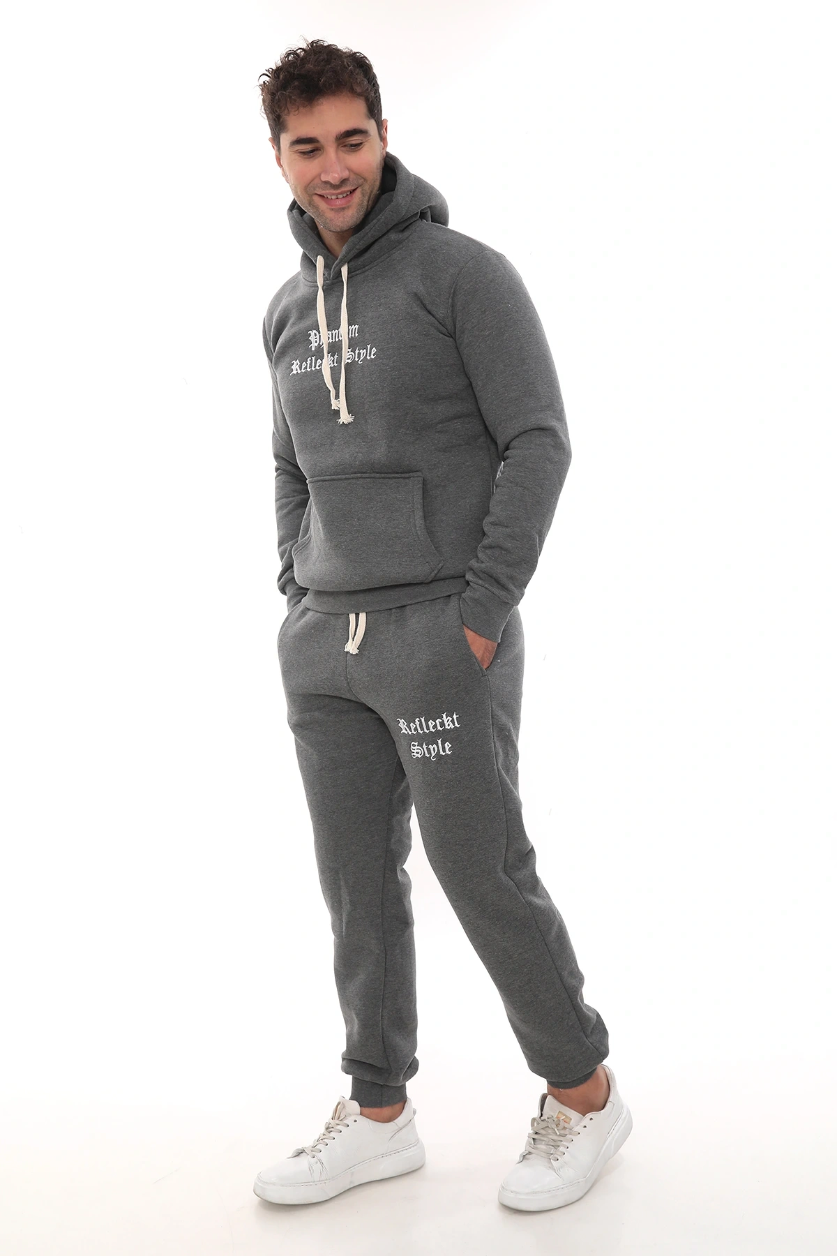 Koyu Gri Melanj Polarlı Erkek Eşofman Takımı Paça Lastikli Cepli Kapüşonlu Nakış Detaylı Compact Takım