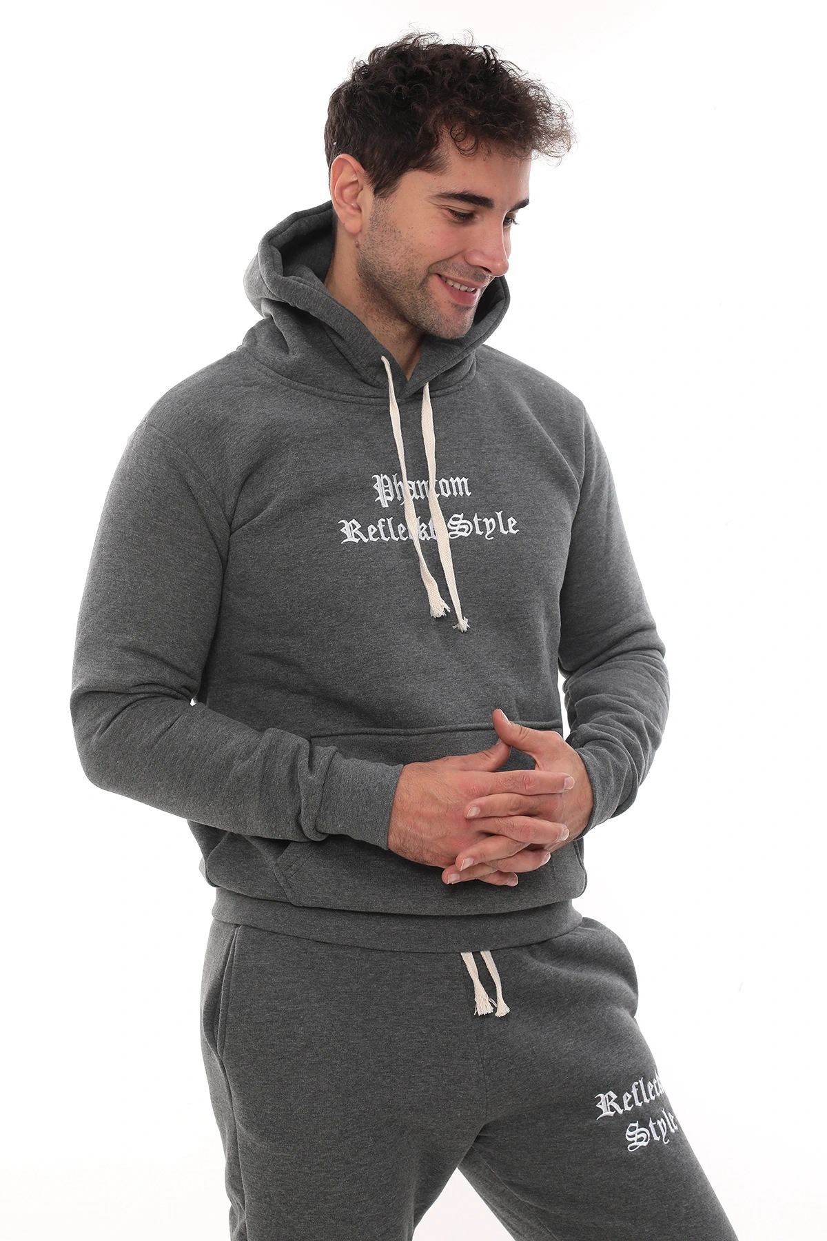 Koyu Gri Melanj Polarlı Erkek Eşofman Takımı Paça Lastikli Cepli Kapüşonlu Nakış Detaylı Compact Takım