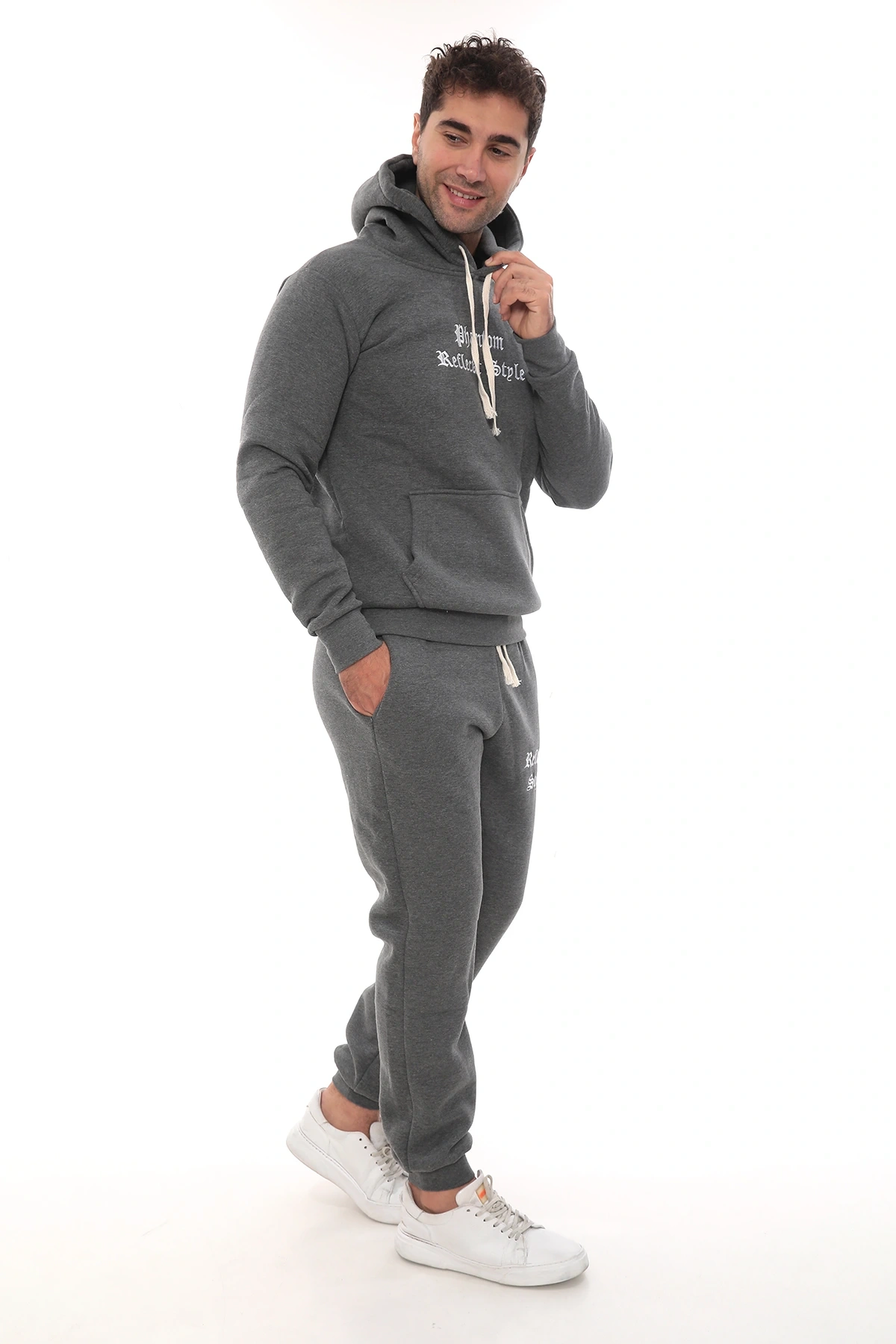 Koyu Gri Melanj Polarlı Erkek Eşofman Takımı Paça Lastikli Cepli Kapüşonlu Nakış Detaylı Compact Takım