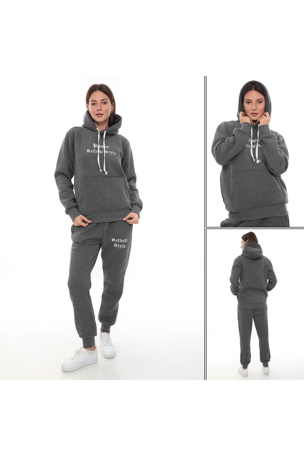Koyu Gri Polarlı Şık Kadın Eşofman Takımı Paça Lastikli Cepli Kapüşonlu Nakış Detaylı Compact Takım