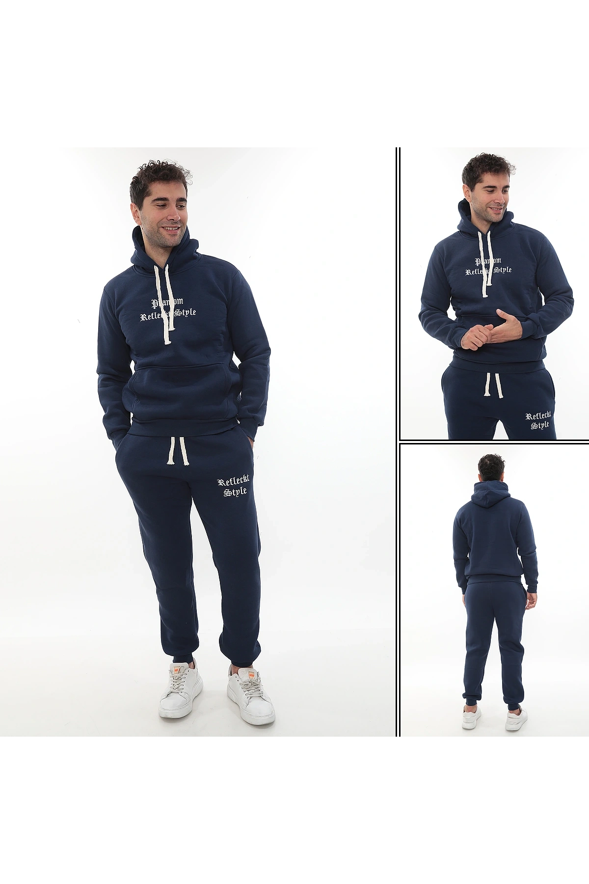 Mavi Şık İçi Polarlı Erkek Eşofman Takımı Paça Lastikli Cepli Kapüşonlu Nakış Detaylı Compact Takım