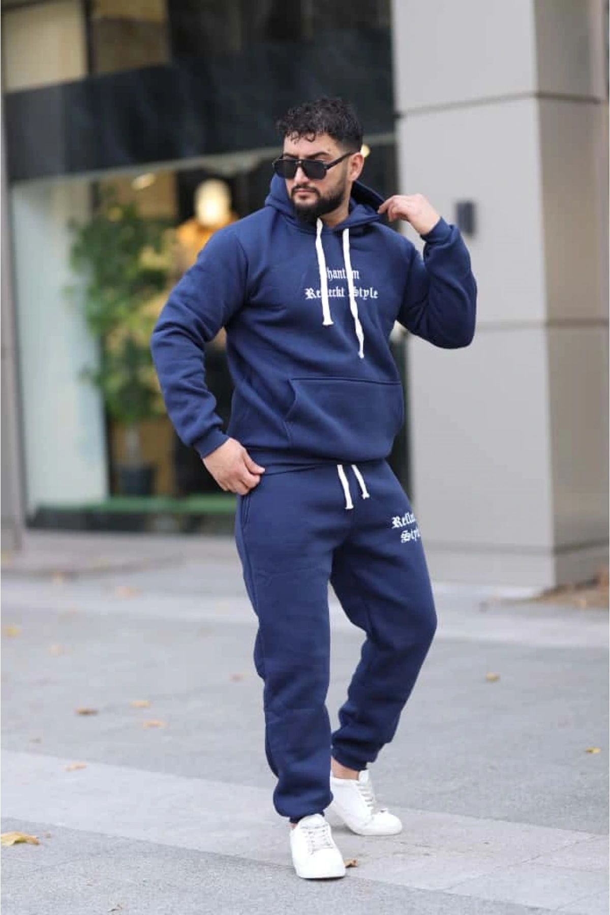 Mavi Şık İçi Polarlı Erkek Eşofman Takımı Paça Lastikli Cepli Kapüşonlu Nakış Detaylı Compact Takım