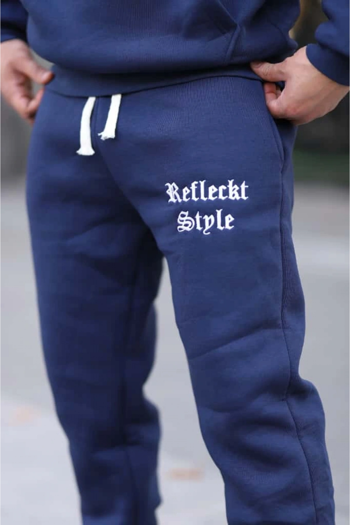 Mavi Şık İçi Polarlı Erkek Eşofman Takımı Paça Lastikli Cepli Kapüşonlu Nakış Detaylı Compact Takım