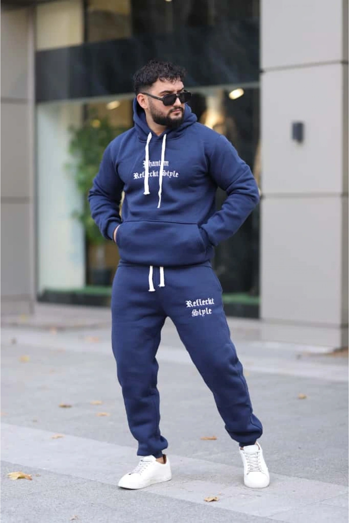 Mavi Şık İçi Polarlı Erkek Eşofman Takımı Paça Lastikli Cepli Kapüşonlu Nakış Detaylı Compact Takım