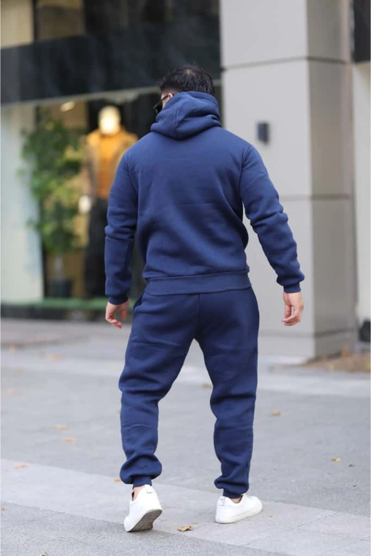 Mavi Şık İçi Polarlı Erkek Eşofman Takımı Paça Lastikli Cepli Kapüşonlu Nakış Detaylı Compact Takım