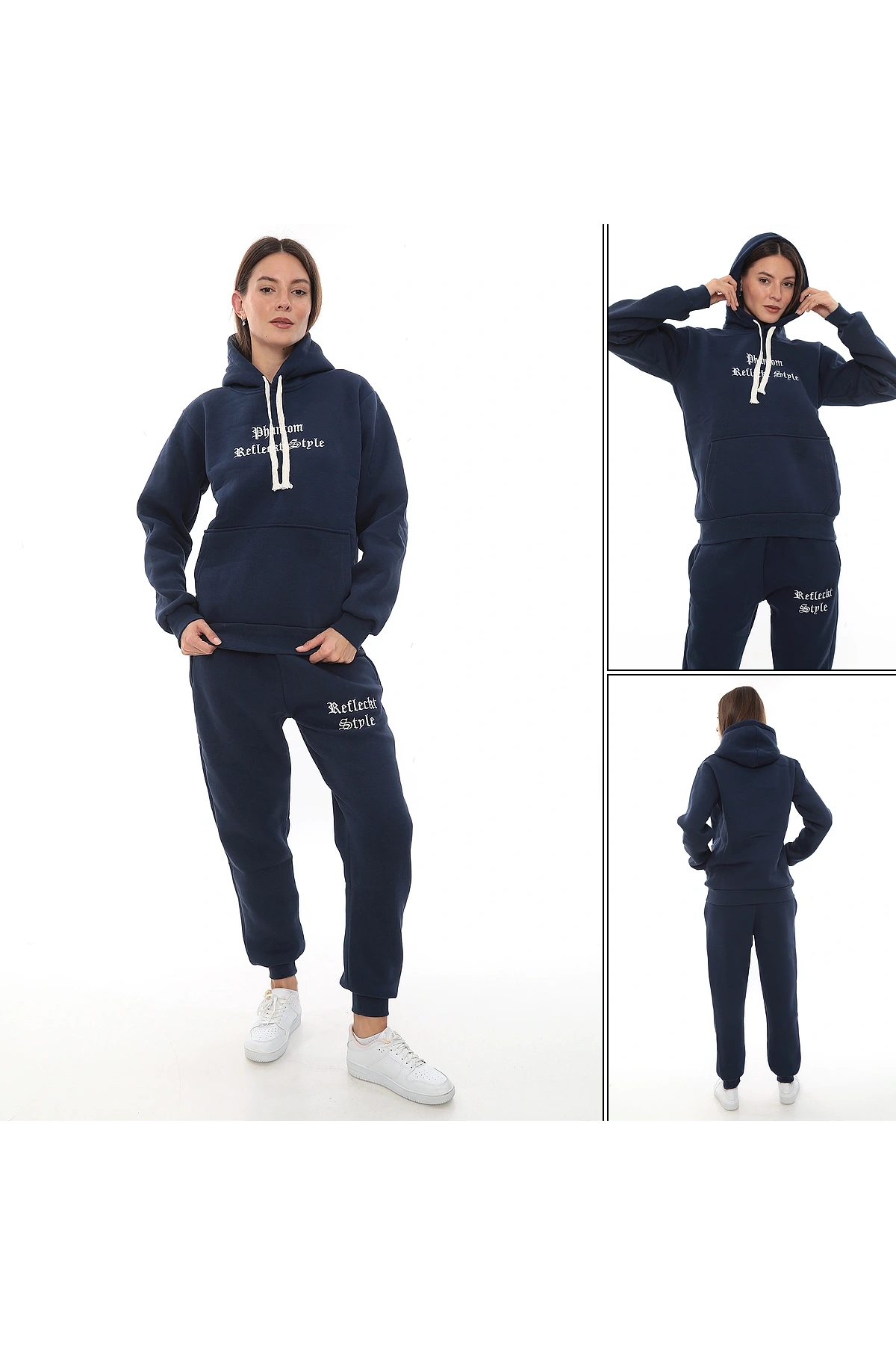 Mavi Şık Polarlı Kadın Eşofman Takımı Paça Lastikli Cepli Kapüşonlu Nakış Detaylı Compact Takım