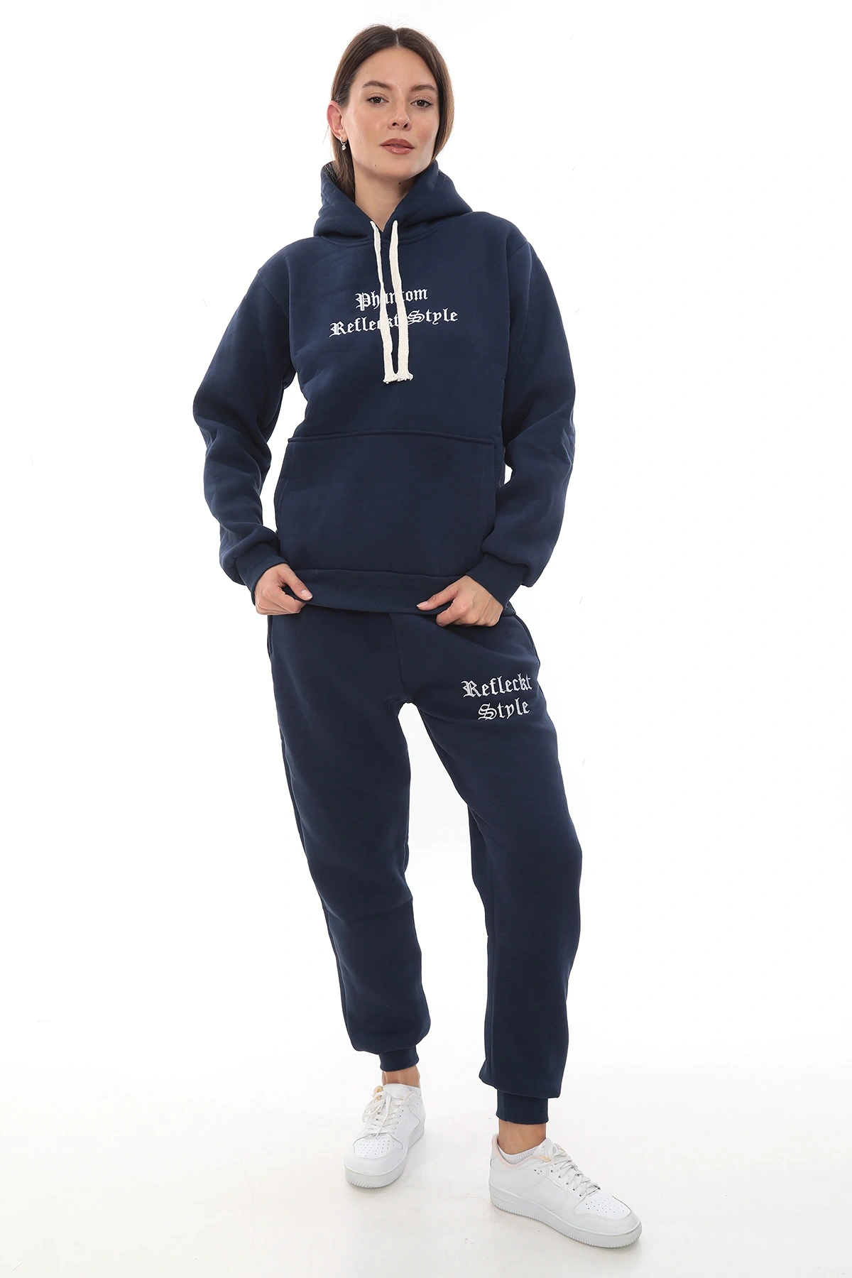 Mavi Şık Polarlı Kadın Eşofman Takımı Paça Lastikli Cepli Kapüşonlu Nakış Detaylı Compact Takım