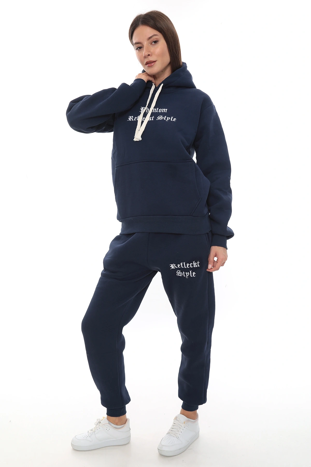 Mavi Şık Polarlı Kadın Eşofman Takımı Paça Lastikli Cepli Kapüşonlu Nakış Detaylı Compact Takım