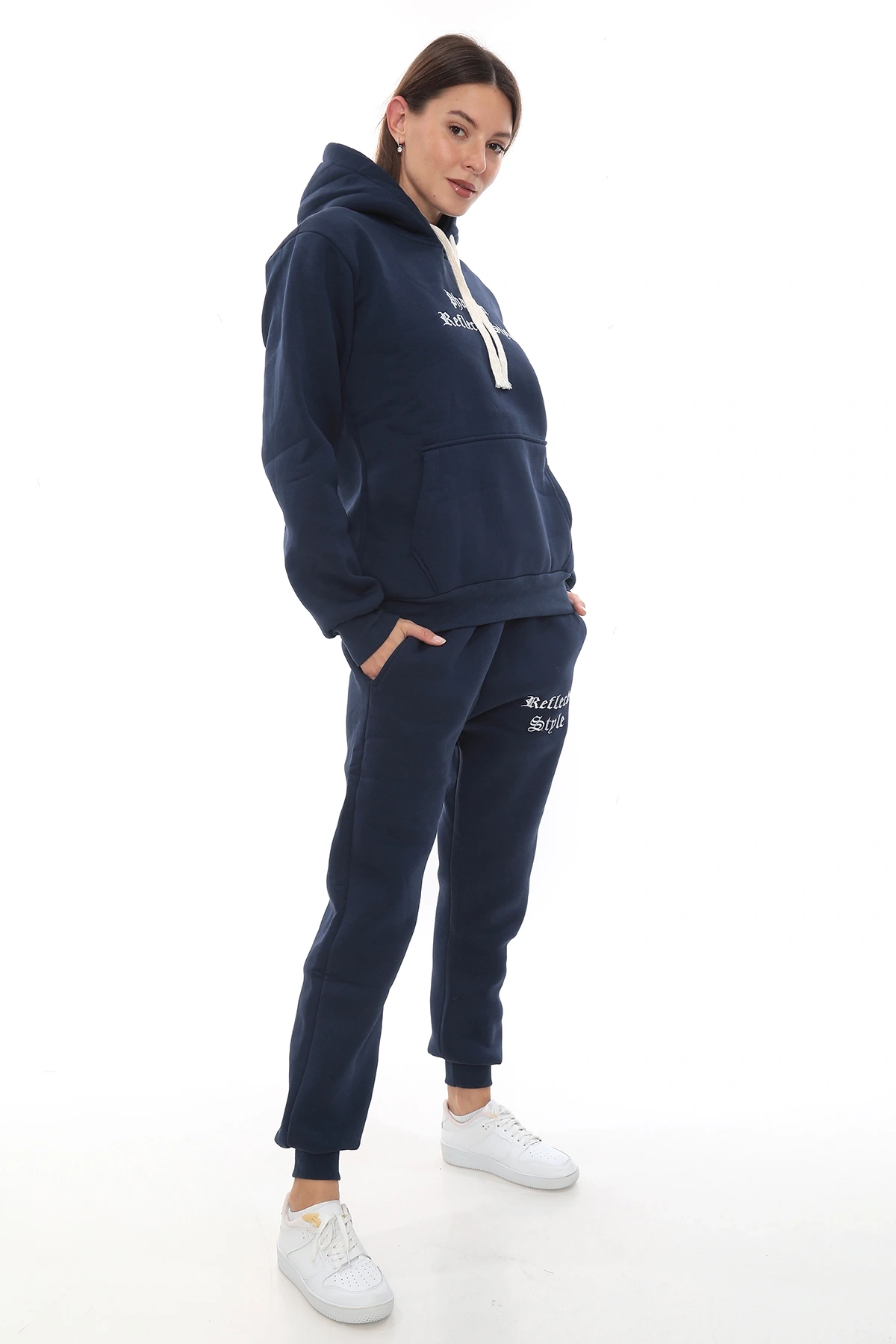 Mavi Şık Polarlı Kadın Eşofman Takımı Paça Lastikli Cepli Kapüşonlu Nakış Detaylı Compact Takım