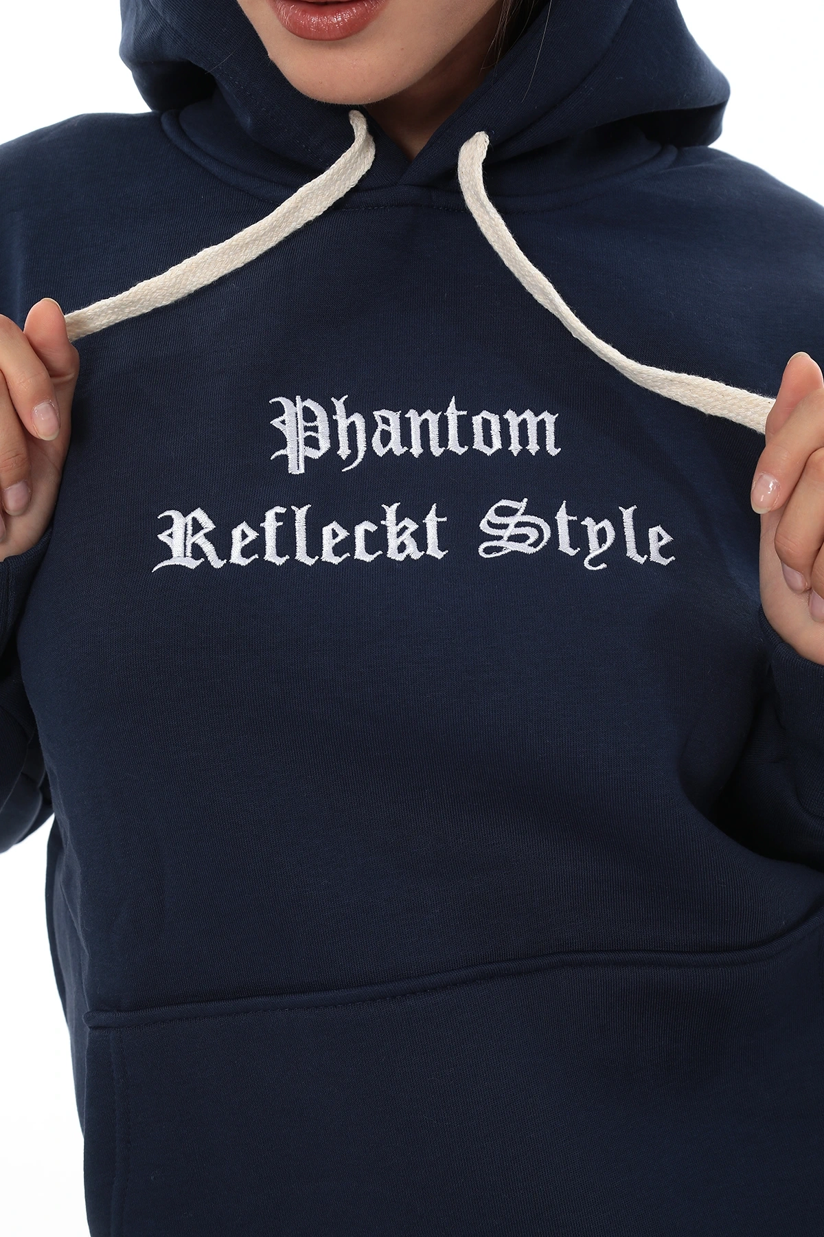 Mavi Şık Polarlı Kadın Eşofman Takımı Paça Lastikli Cepli Kapüşonlu Nakış Detaylı Compact Takım