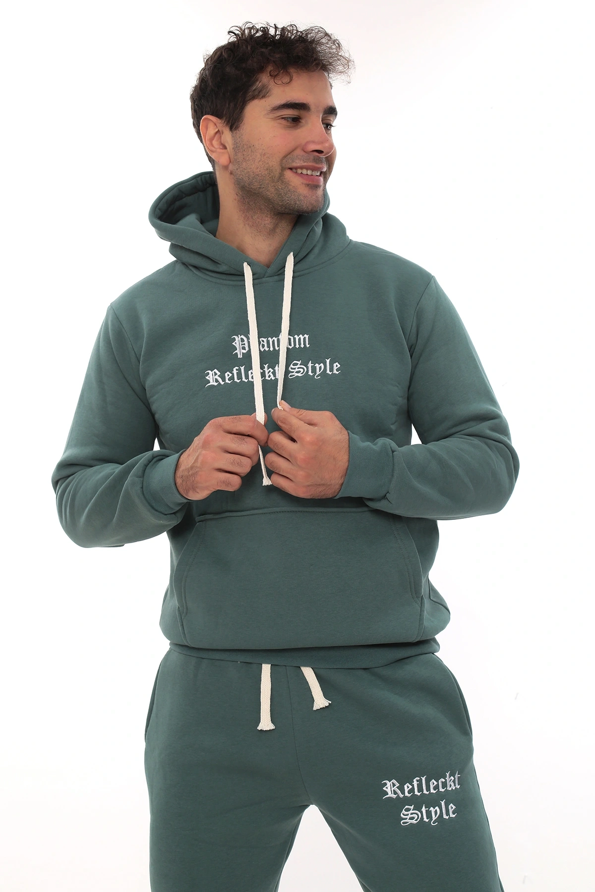 Petrol Şık İçi Polarlı Erkek Eşofman Takımı Paça Lastikli Cepli Kapüşonlu Nakış Detaylı Compact Takım