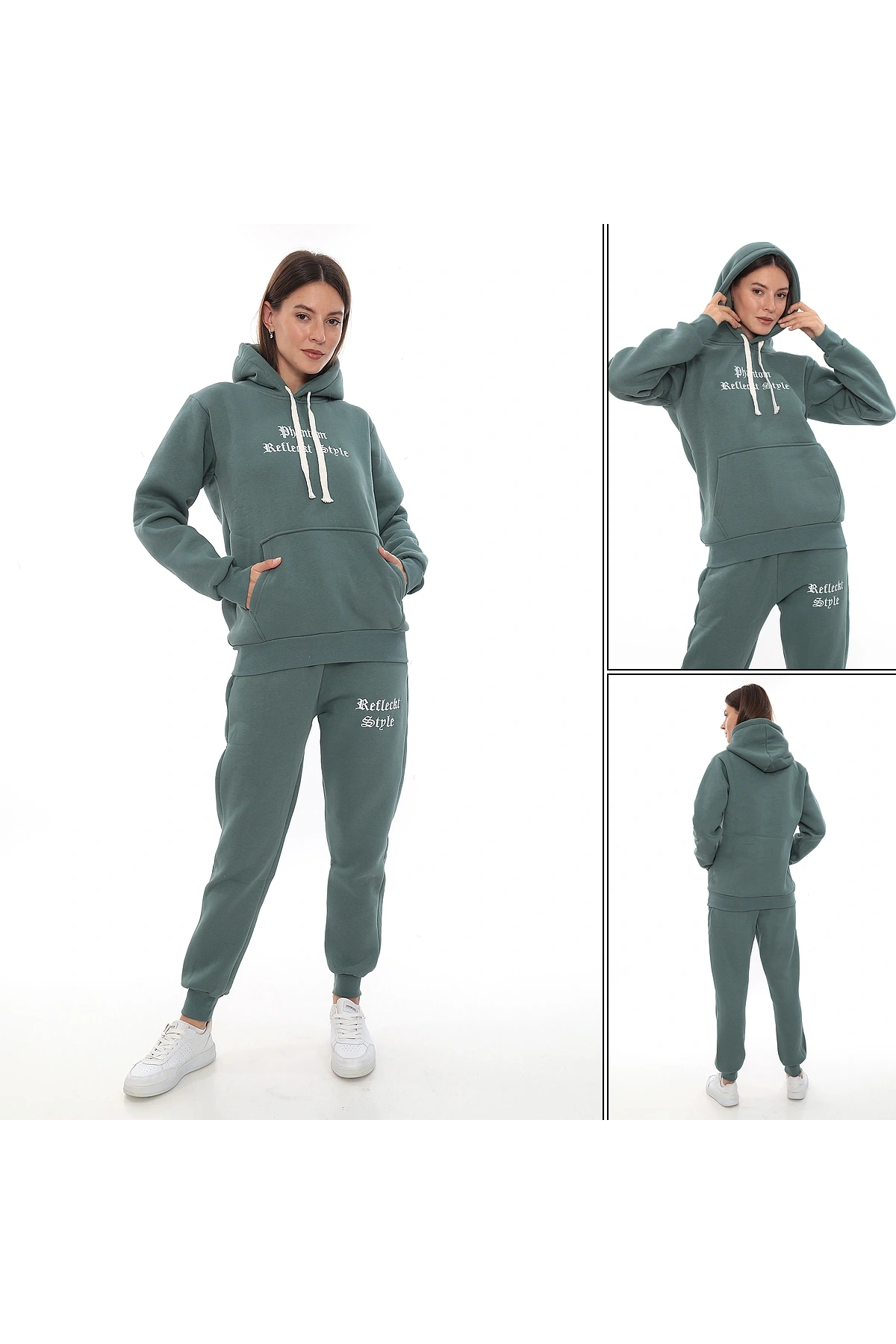 Petrol Şık Polarlı Kadın Eşofman Takımı Paça Lastikli Cepli Kapüşonlu Nakış Detaylı Compact Takım