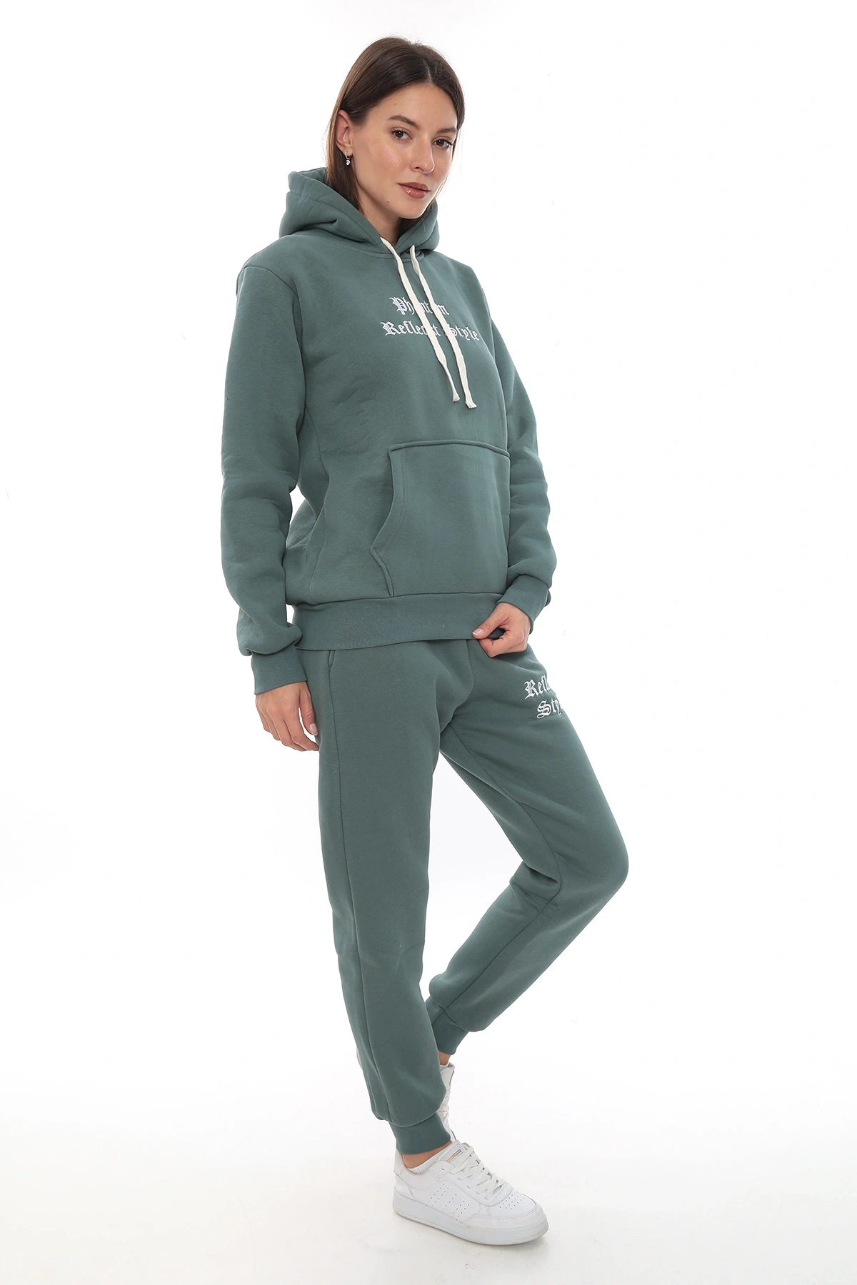 Petrol Şık Polarlı Kadın Eşofman Takımı Paça Lastikli Cepli Kapüşonlu Nakış Detaylı Compact Takım