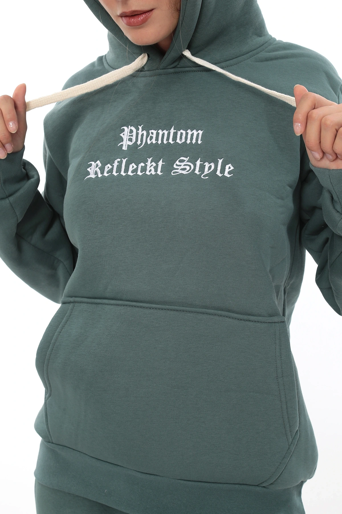 Petrol Şık Polarlı Kadın Eşofman Takımı Paça Lastikli Cepli Kapüşonlu Nakış Detaylı Compact Takım