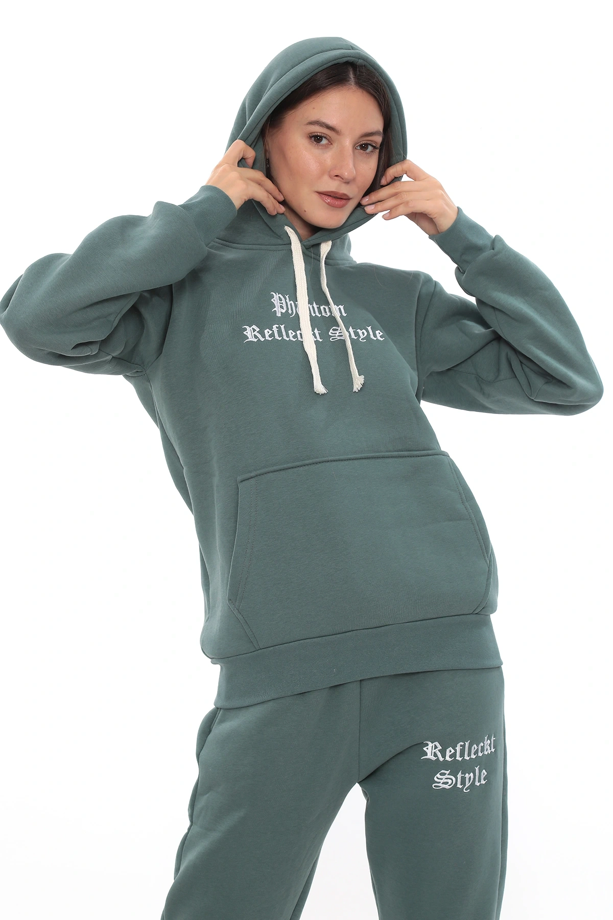 Petrol Şık Polarlı Kadın Eşofman Takımı Paça Lastikli Cepli Kapüşonlu Nakış Detaylı Compact Takım