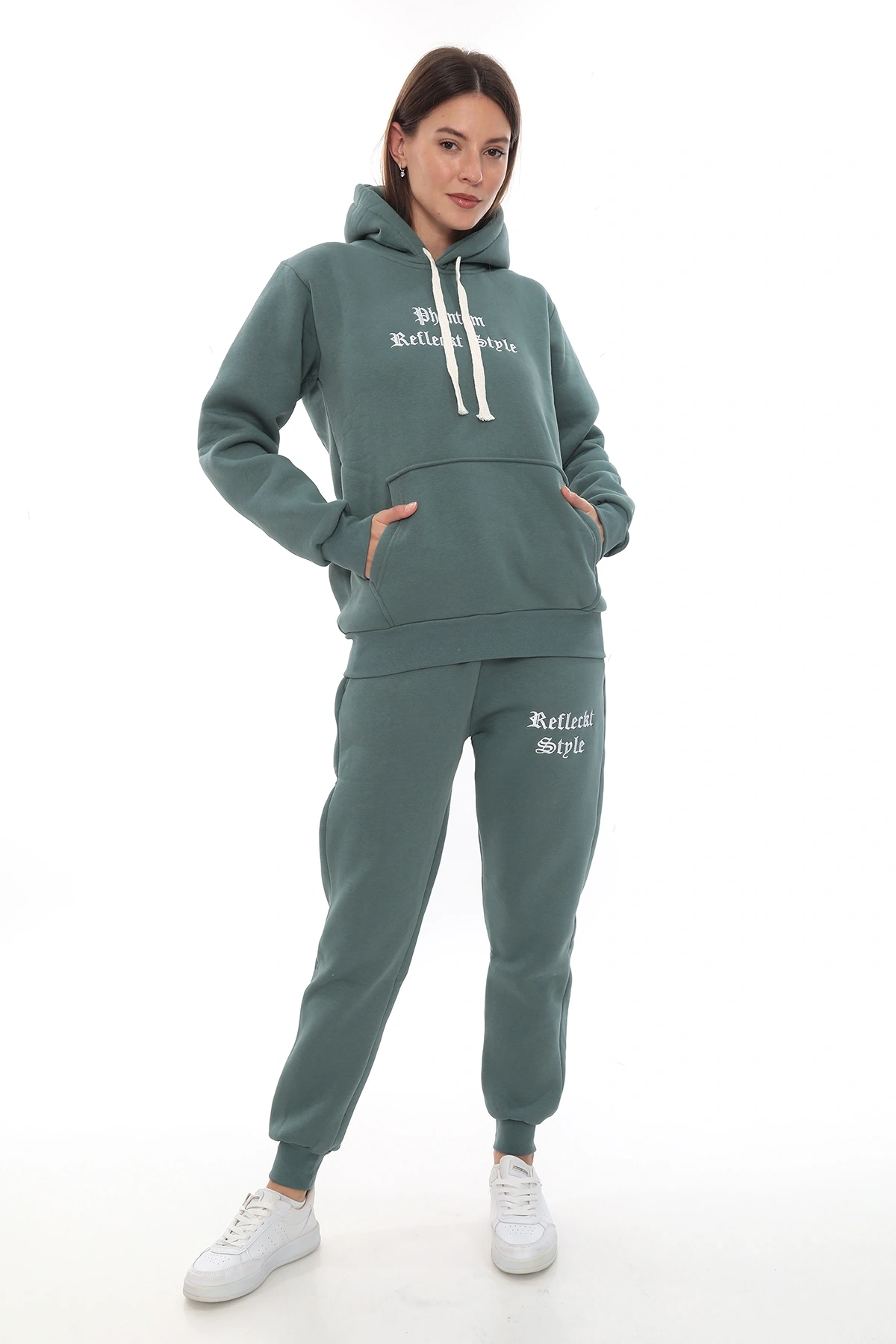 Petrol Şık Polarlı Kadın Eşofman Takımı Paça Lastikli Cepli Kapüşonlu Nakış Detaylı Compact Takım