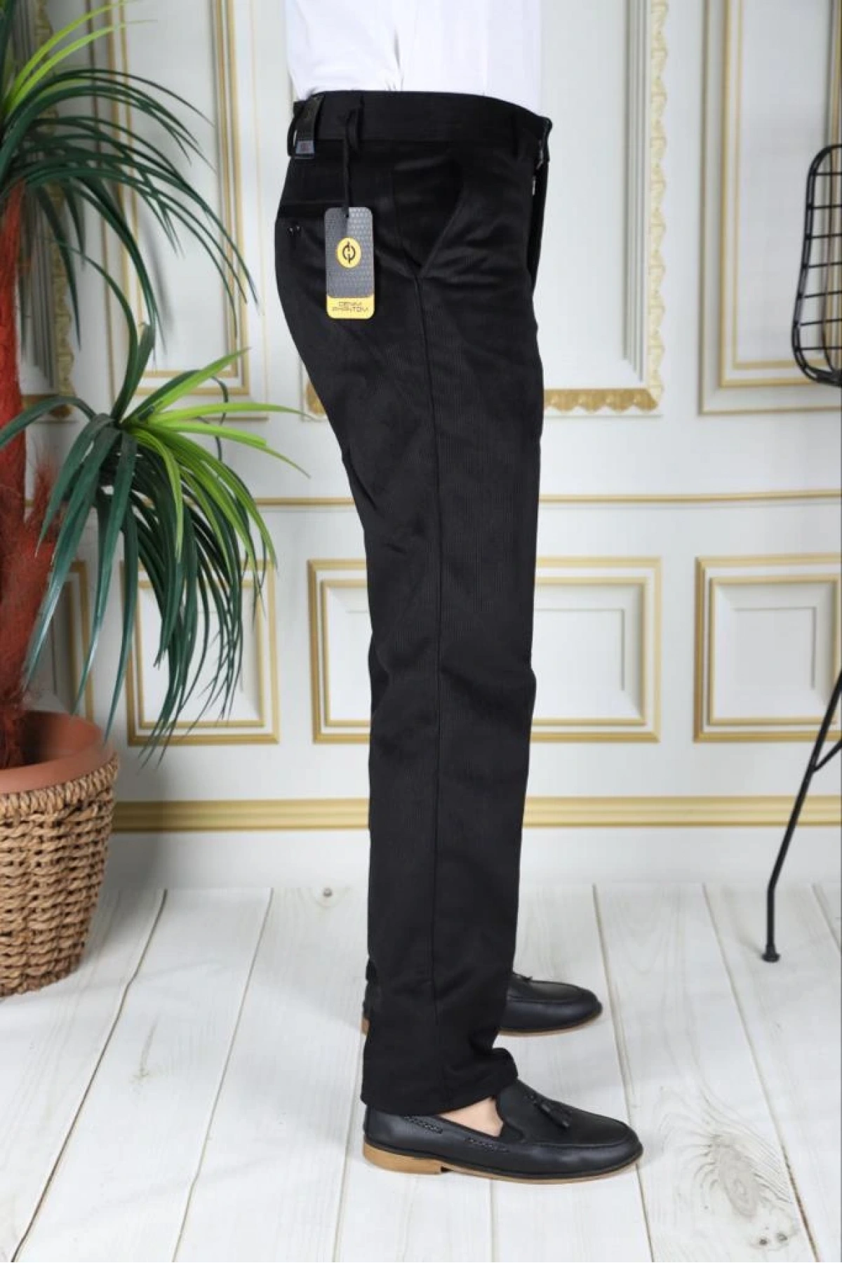 Siyah Polarlı Kadife Pantolon Esnek Kalın Fitil Klasik Kesim Yan Cepli Astarlı Phantom Jeans