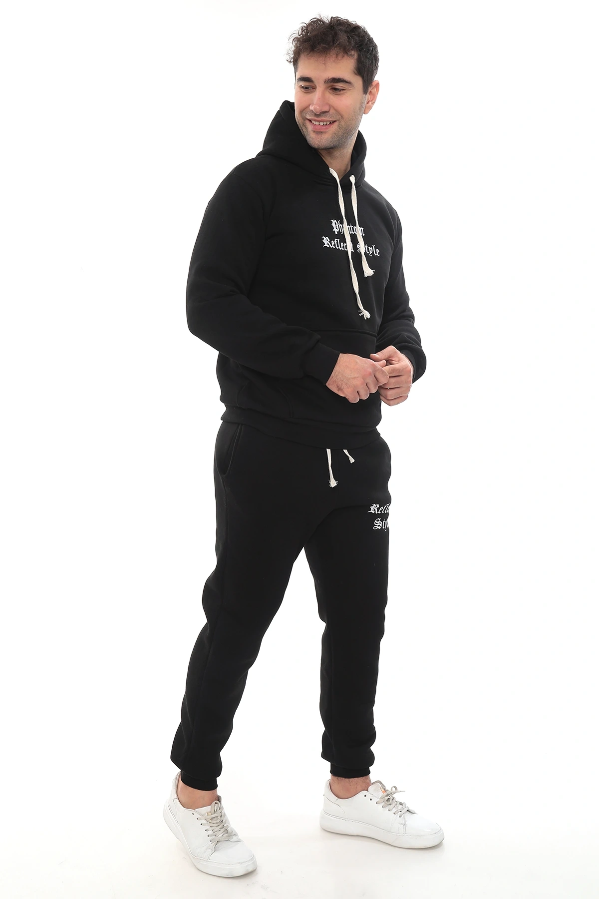 Siyah Şık İçi Polarlı Erkek Eşofman Takımı Paça Lastikli Cepli Kapüşonlu Nakış Detaylı Compact Takım