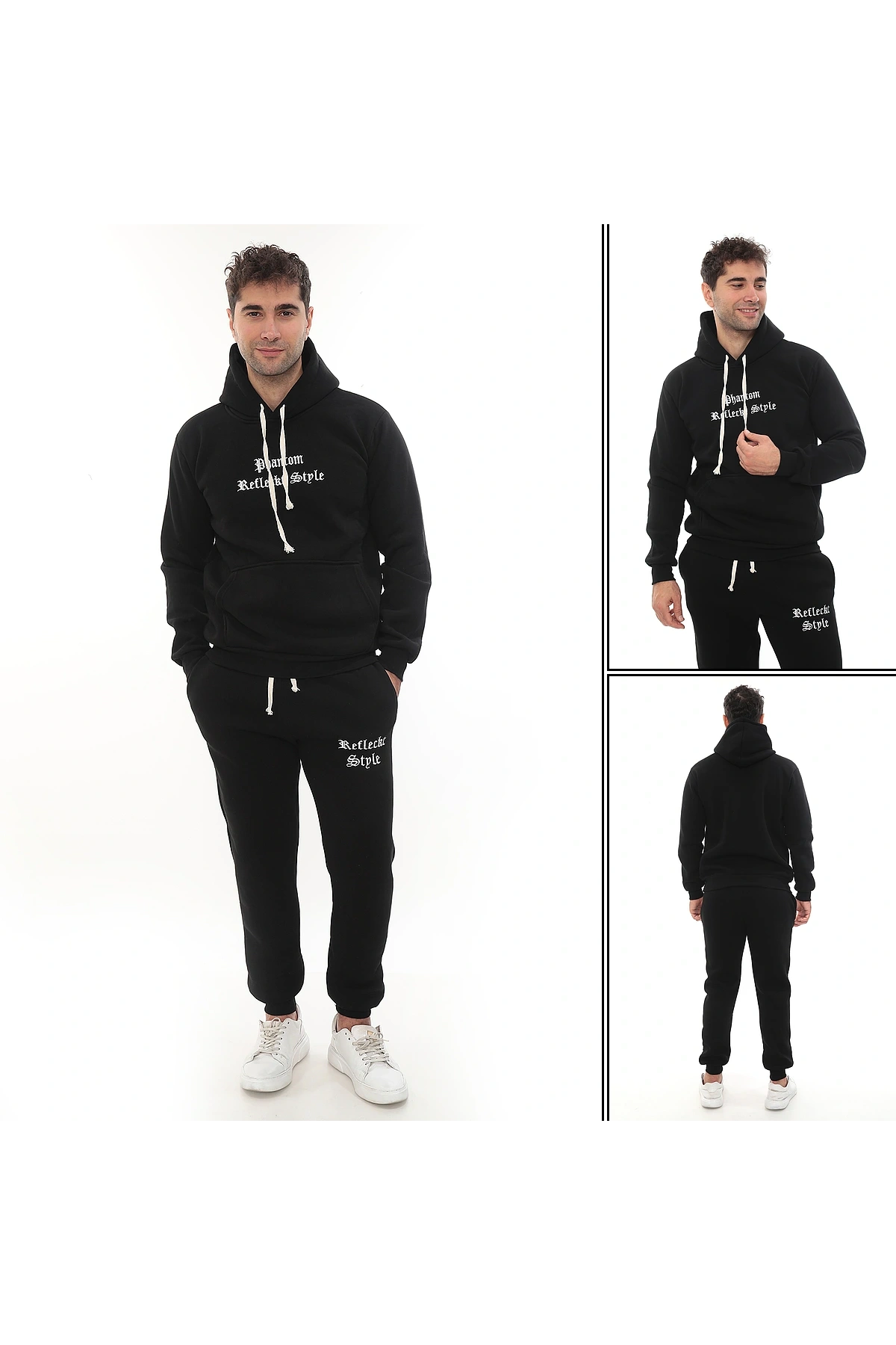 Siyah Şık İçi Polarlı Erkek Eşofman Takımı Paça Lastikli Cepli Kapüşonlu Nakış Detaylı Compact Takım