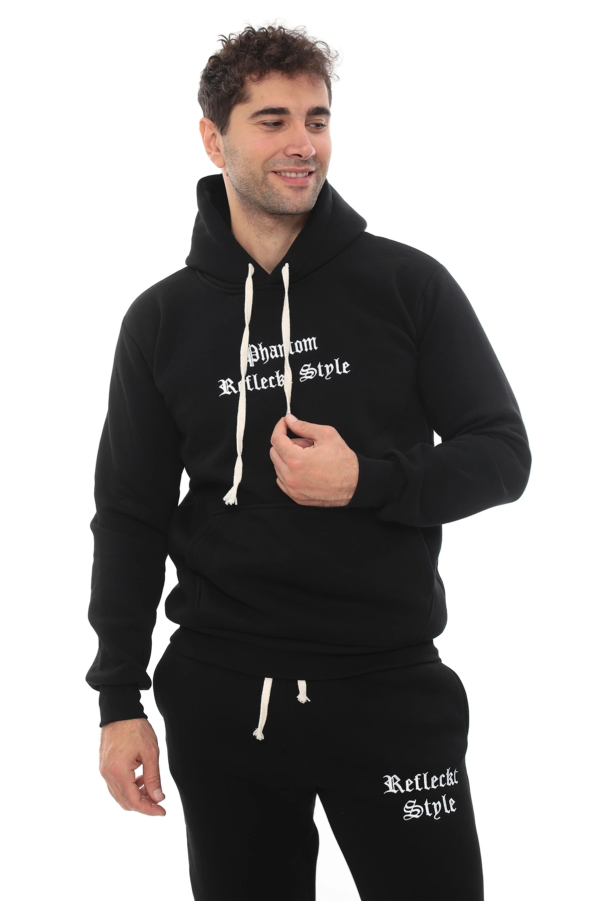 Siyah Şık İçi Polarlı Erkek Eşofman Takımı Paça Lastikli Cepli Kapüşonlu Nakış Detaylı Compact Takım