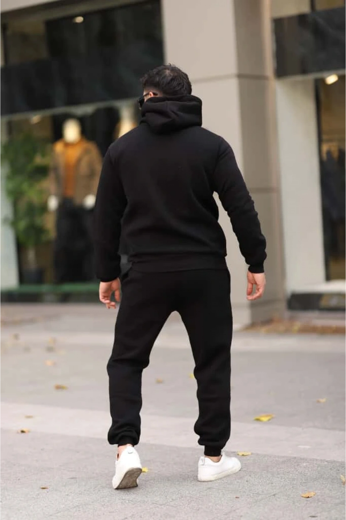 Siyah Şık İçi Polarlı Erkek Eşofman Takımı Paça Lastikli Cepli Kapüşonlu Nakış Detaylı Compact Takım