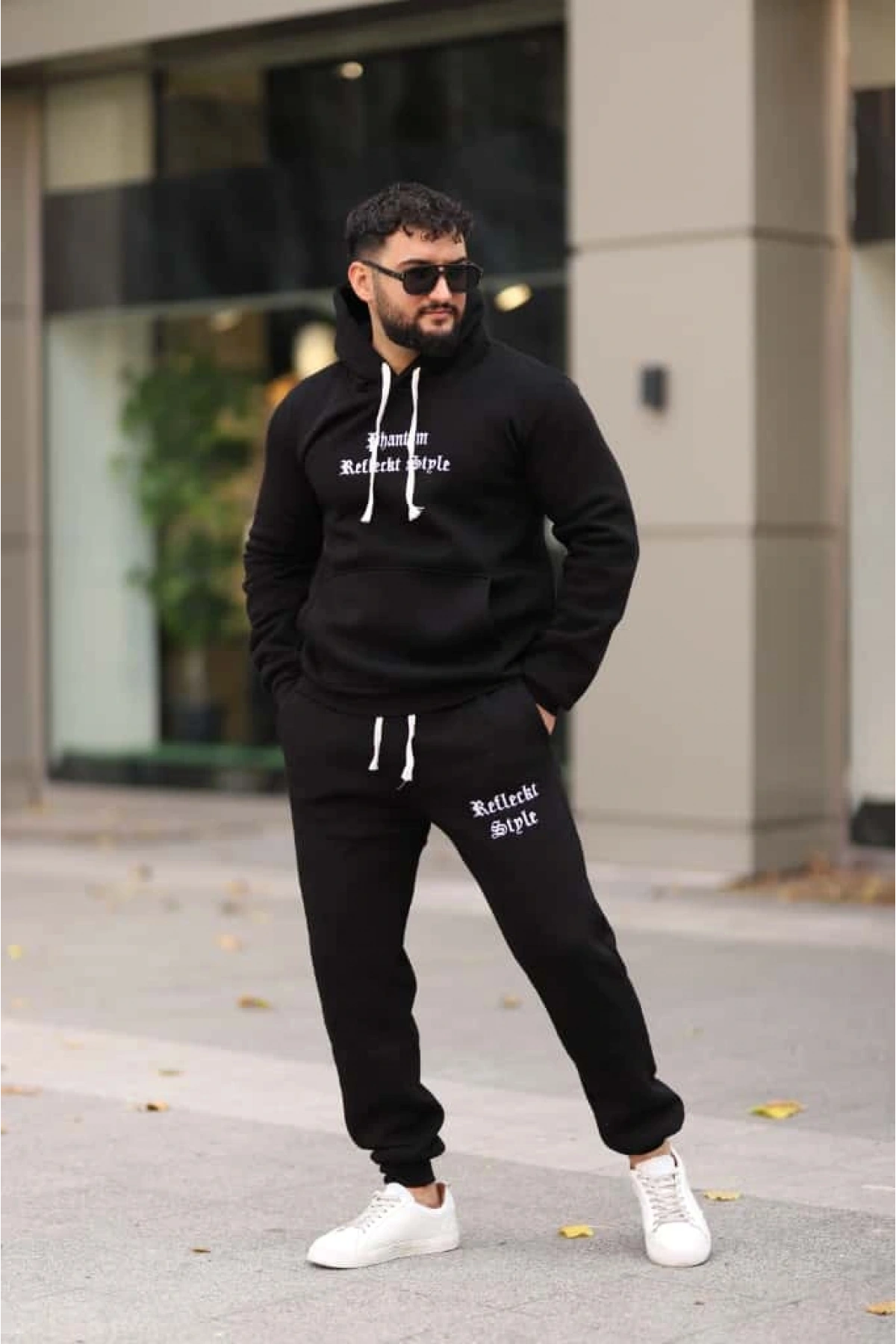 Siyah Şık İçi Polarlı Erkek Eşofman Takımı Paça Lastikli Cepli Kapüşonlu Nakış Detaylı Compact Takım