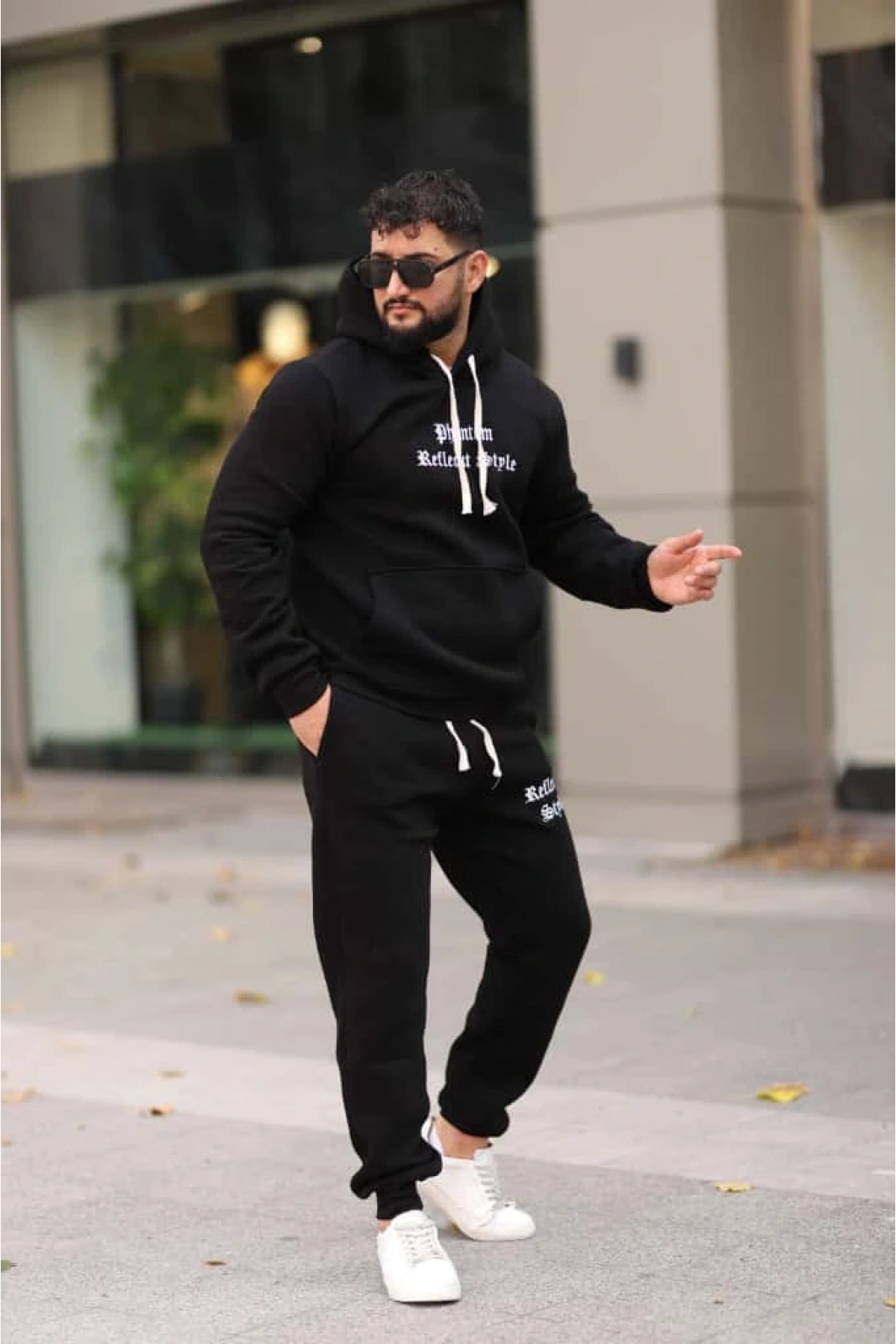 Siyah Şık İçi Polarlı Erkek Eşofman Takımı Paça Lastikli Cepli Kapüşonlu Nakış Detaylı Compact Takım