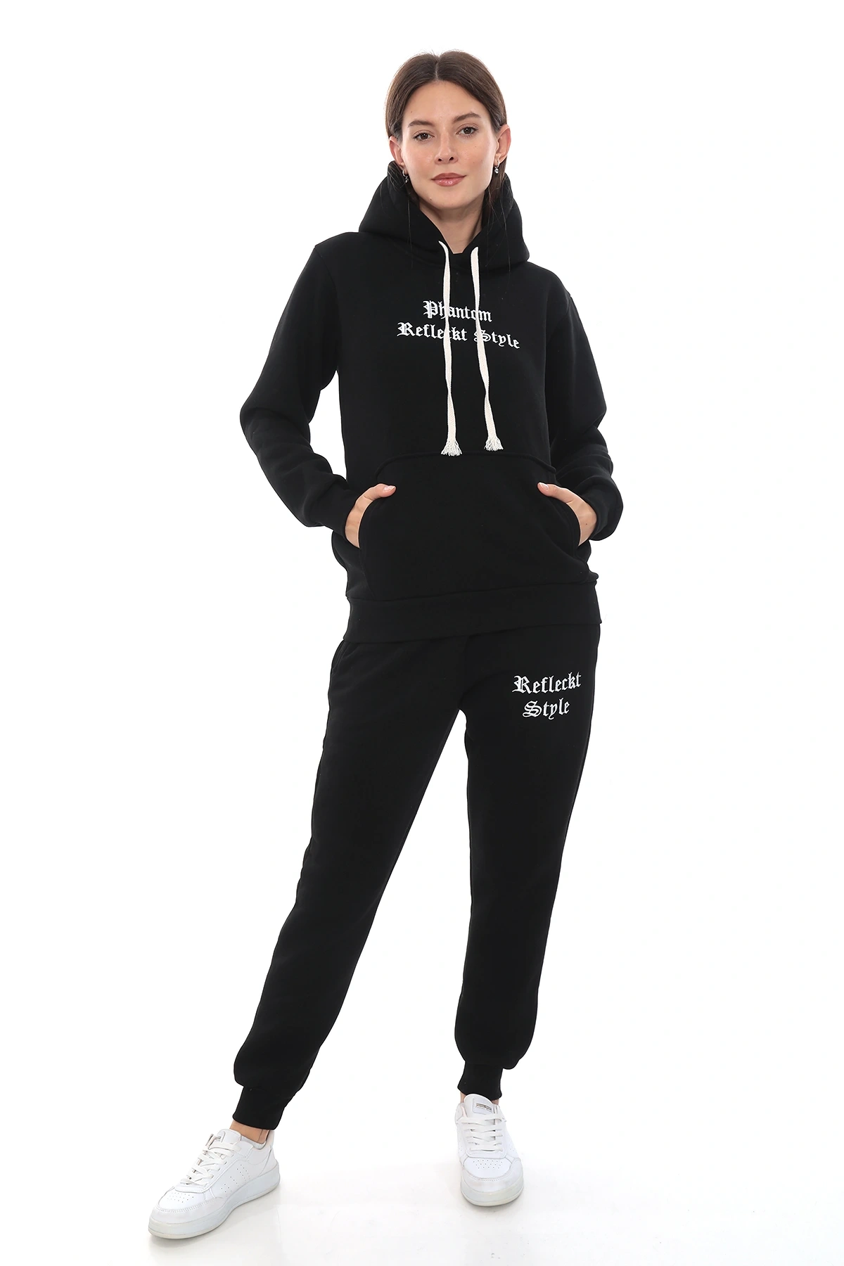 Siyah Şık Polarlı Kadın Eşofman Takımı Paça Lastikli Cepli Kapüşonlu Nakış Detaylı Compact Takım
