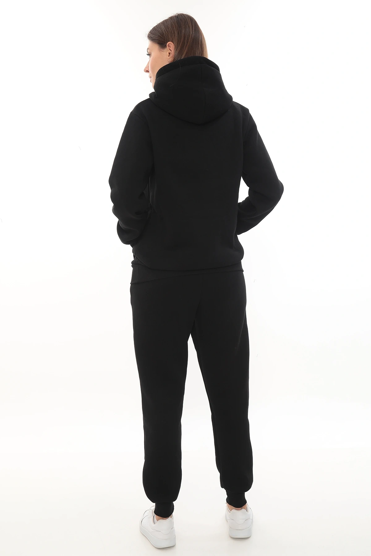 Siyah Şık Polarlı Kadın Eşofman Takımı Paça Lastikli Cepli Kapüşonlu Nakış Detaylı Compact Takım