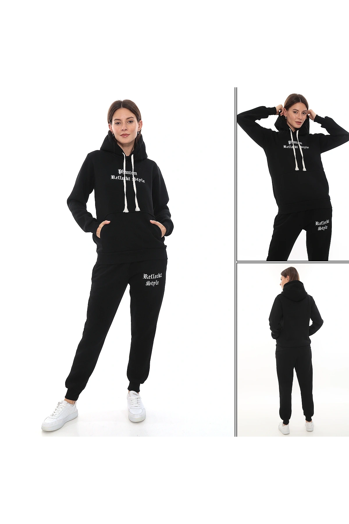 Siyah Şık Polarlı Kadın Eşofman Takımı Paça Lastikli Cepli Kapüşonlu Nakış Detaylı Compact Takım