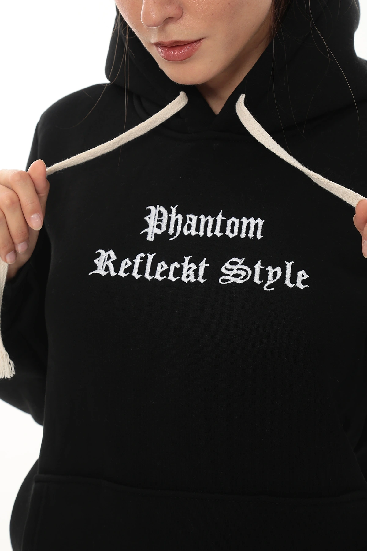 Siyah Şık Polarlı Kadın Eşofman Takımı Paça Lastikli Cepli Kapüşonlu Nakış Detaylı Compact Takım