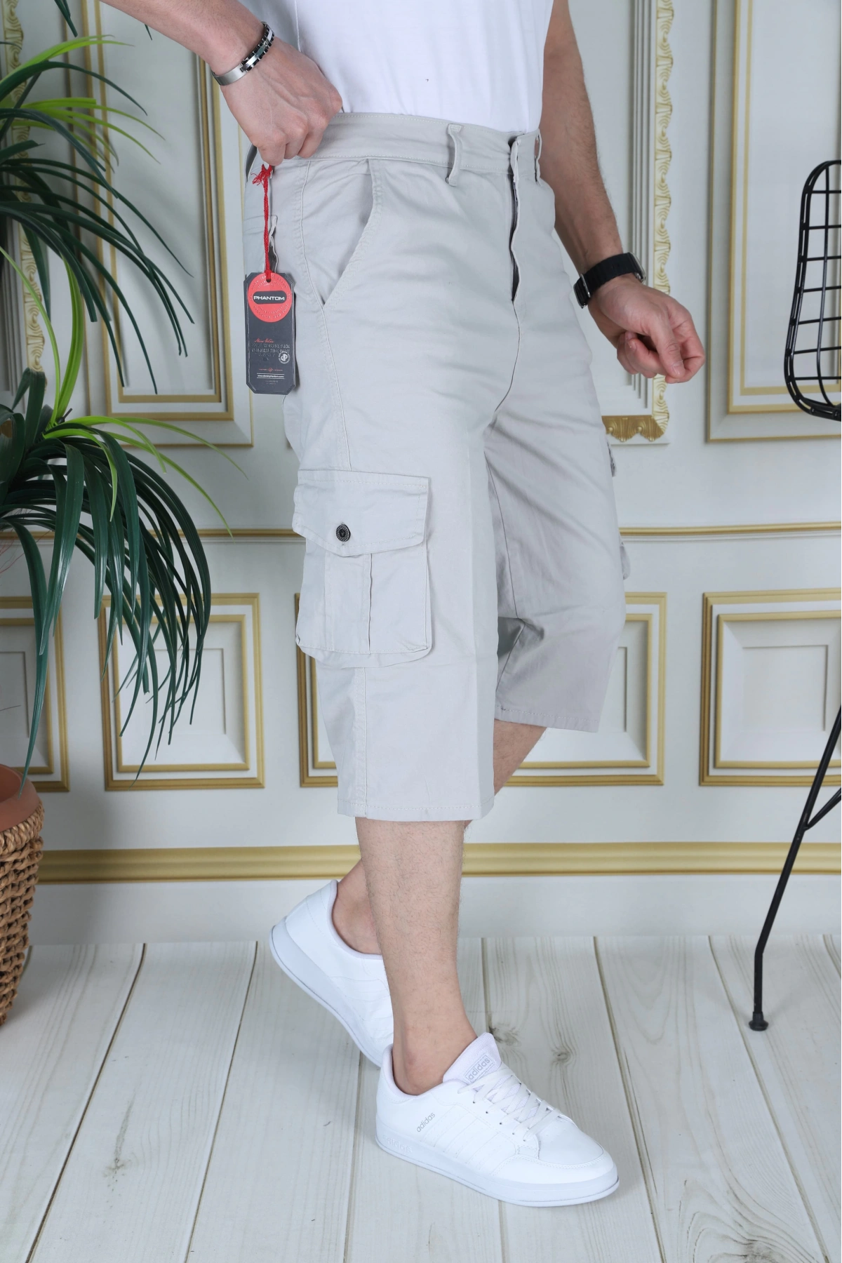 Taş Renk Erkek Regular Fit Rahat Kesim Kapri Likralı Gabardin Diz Altı Kargo Cepli Bermuda Kapri